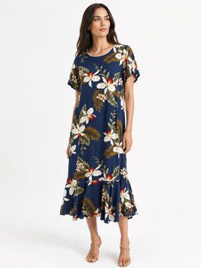 TWO PALMS NAVY HAWAIIAN FLORAL SHORT SLEEVE TRUMPET RUFFLE MAXI DRESS - S